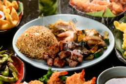 Hibachi steak and shrimp with fried rice and grilled vegetables, food photography Dallas, Texas