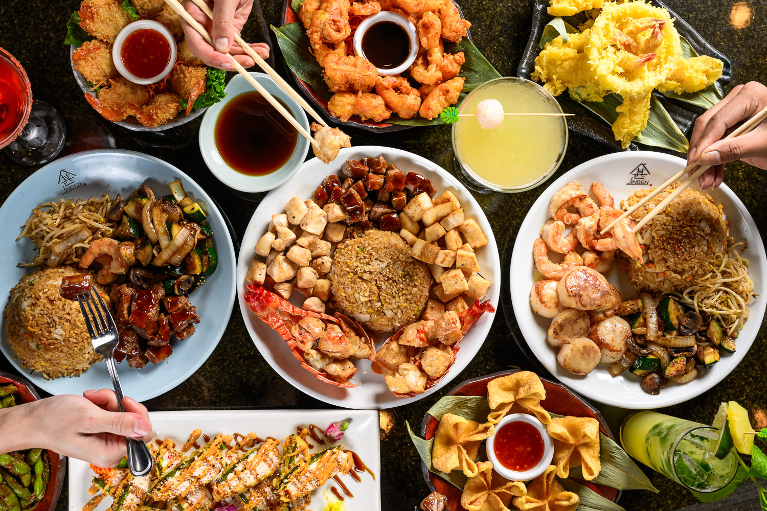 Japanese hibachi and sushi spread with lobster, shrimp, and cocktails, food photography Dallas, Texas