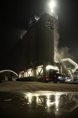 All Roads asphalt plant at night, Topcon industrial photography Fort Worth, Texas