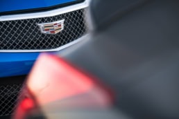 Cadillac crest emblem on blue grille at Circuit of the Americas, automotive photography Austin, Texas