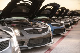 Cadillac V-Series lineup with hoods open at Circuit of the Americas, automotive photography Austin, Texas