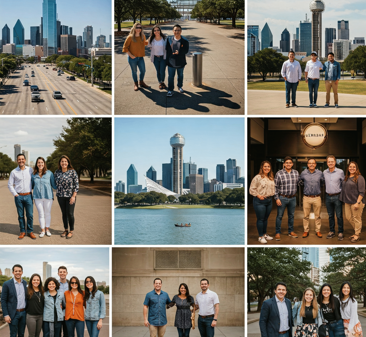 Dallas branding photography collage featuring team portraits and Reunion Tower skyline, Dallas, Texas