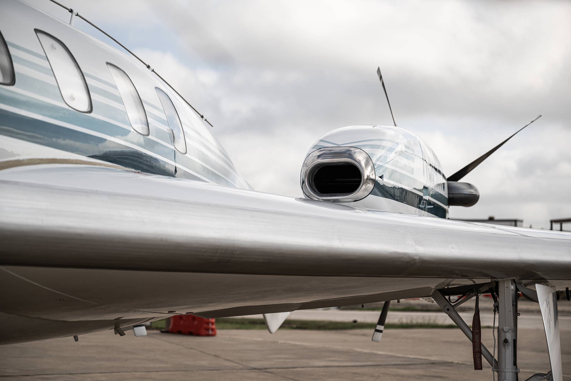 Private jet engine nacelle and fuselage detail, aerospace aviation photography Dallas, Texas