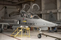 T-38 Talon U.S. Air Force trainer jet in hangar, AQRD aerospace photography Fort Worth, Texas