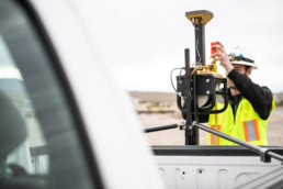 Topcon GPS surveying equipment setup on truck, industrial photography Fort Worth, Texas