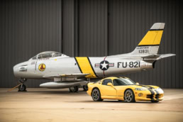 Dodge Viper GTS and F-86 Sabre jet in matching yellow livery, automotive and aerospace photography Dallas, Texas