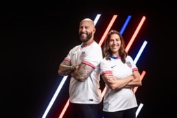 Tim Howard and Carli Lloyd in US Soccer jerseys, American Airlines x US Soccer portrait Dallas, Texas