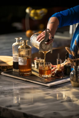 Blackland Distillery rye whiskey cocktail pour, commercial photography Dallas, Texas