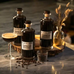 Blackland Distillery Texpresso Whiskey bottles with espresso martini, commercial photography Dallas, Texas