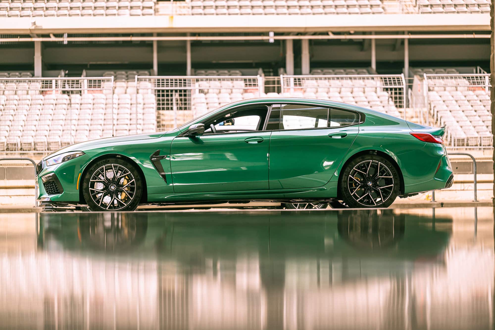 Green BMW M8 Gran Coupe at Circuit of the Americas, automotive photography Austin, Texas
