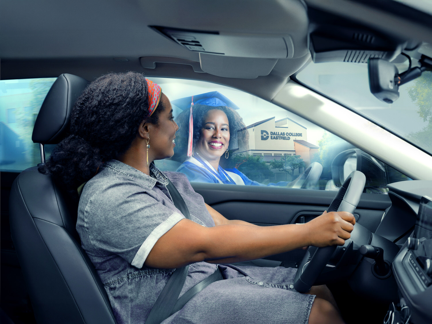 Dallas College Eastfield future-self ad campaign, woman driving sees graduation reflection, Dallas, Texas