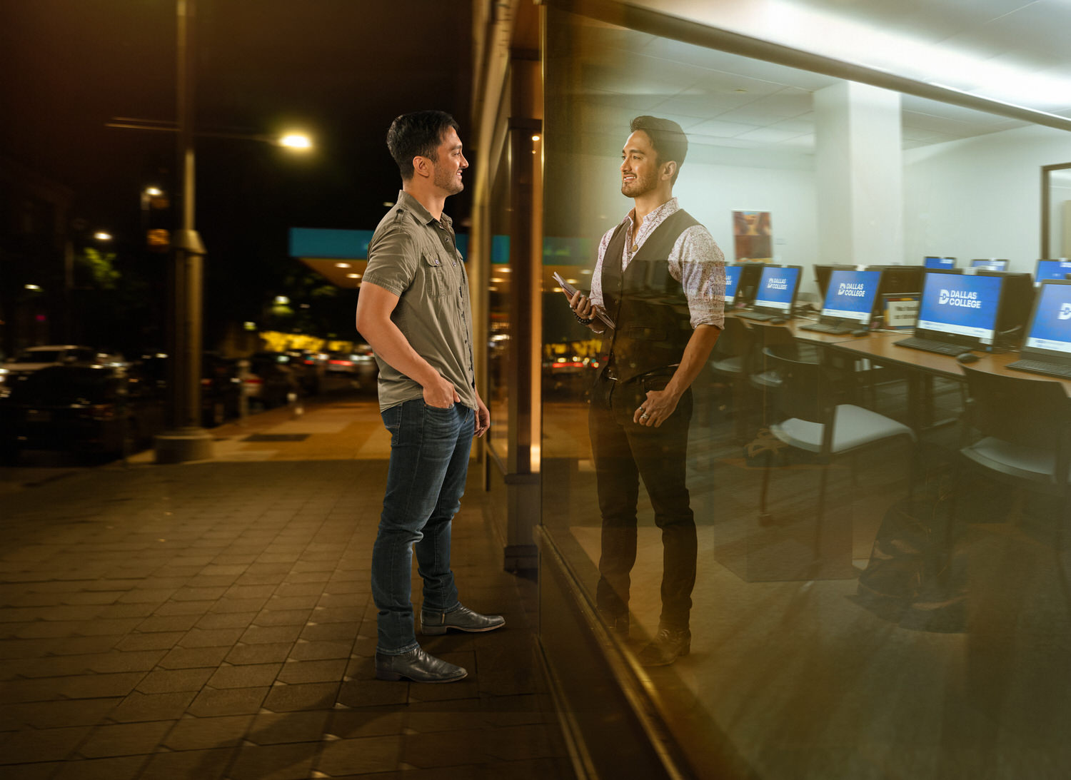 Dallas College Future-Self ad campaign man sees professional reflection in glass, commercial photography Dallas, Texas