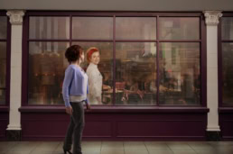 Dallas College Future-Self ad campaign woman sees chef reflection in storefront, commercial photography Dallas, Texas