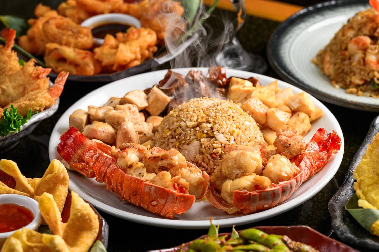 Steaming lobster fried rice platter with seafood and chicken, commercial food photography Dallas, Texas